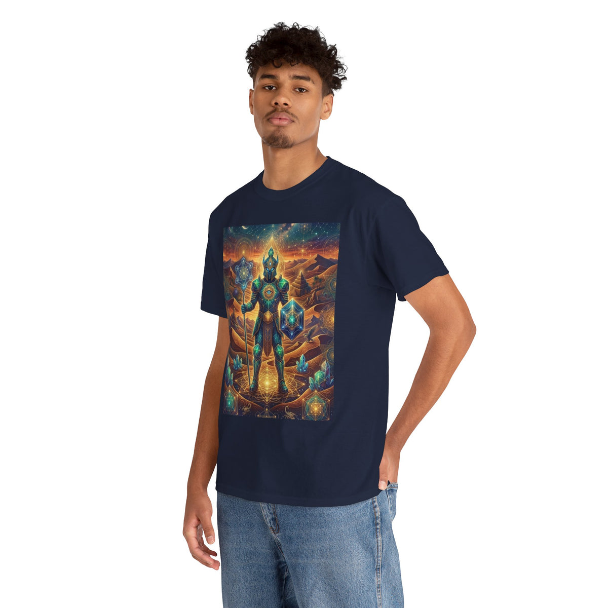 Cosmic Guardian Warrior T-Shirt | Mystic Geometric Armor, Starglow Artwork