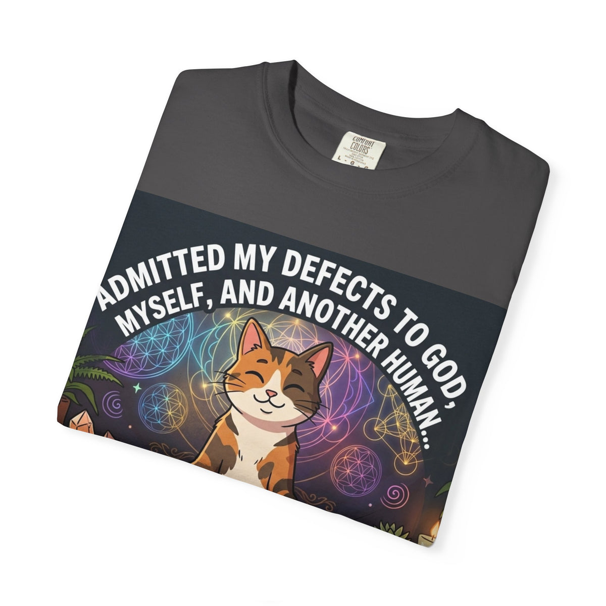 Meditating Cat Yoga T-Shirt Admitted My Defects Funny Spiritual Tee, NA Recovery Tee, Spiritual Principle