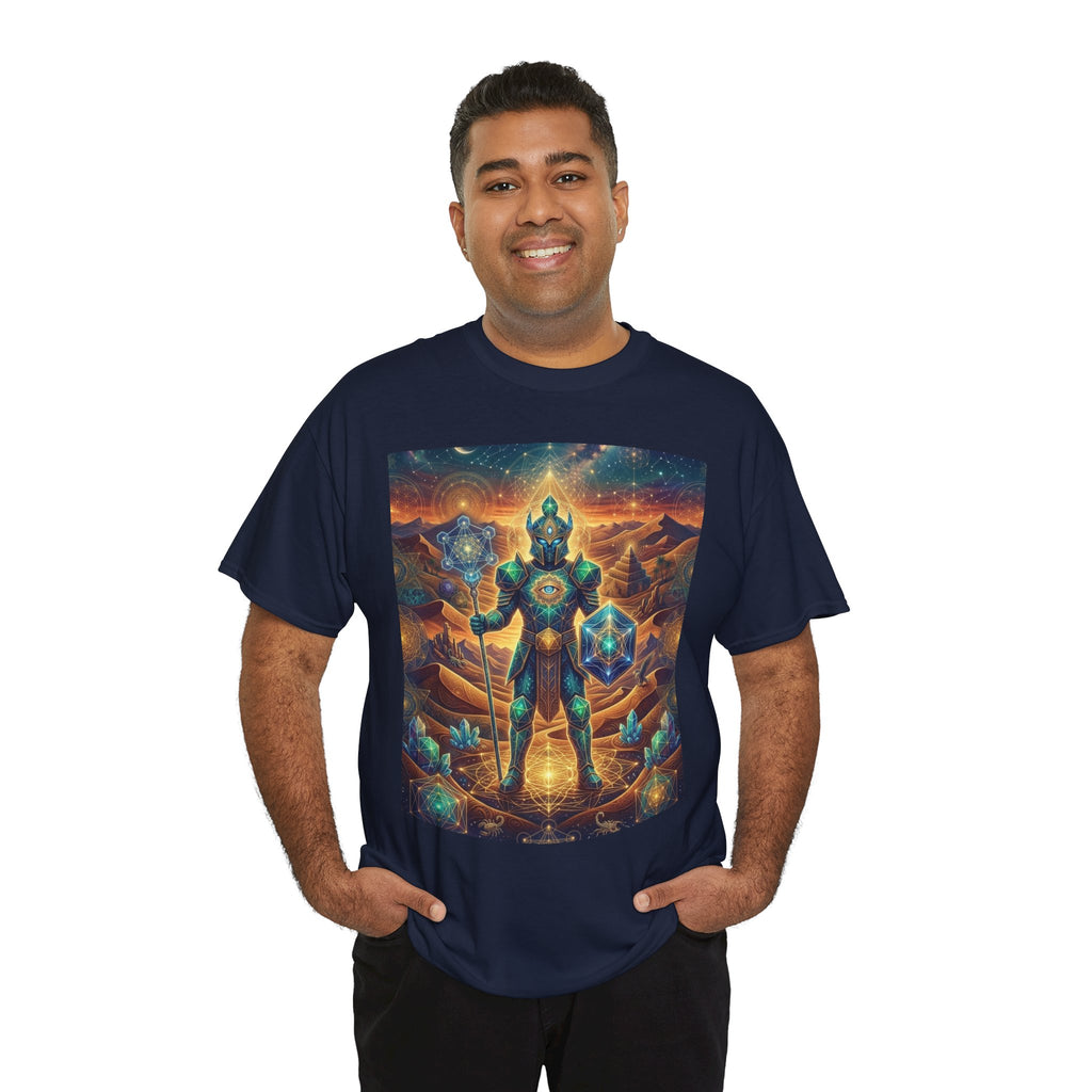 Cosmic Guardian Warrior T-Shirt | Mystic Geometric Armor, Starglow Artwork