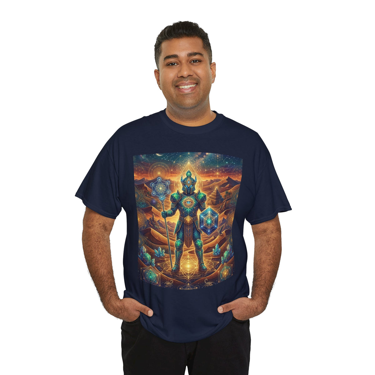 Cosmic Guardian Warrior T-Shirt | Mystic Geometric Armor, Starglow Artwork