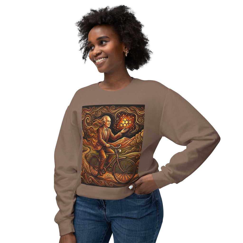 Albert Hoffman  Riding Bicycle Holding Lantern sweatshirt | Whimsical Nightscape Crewneck