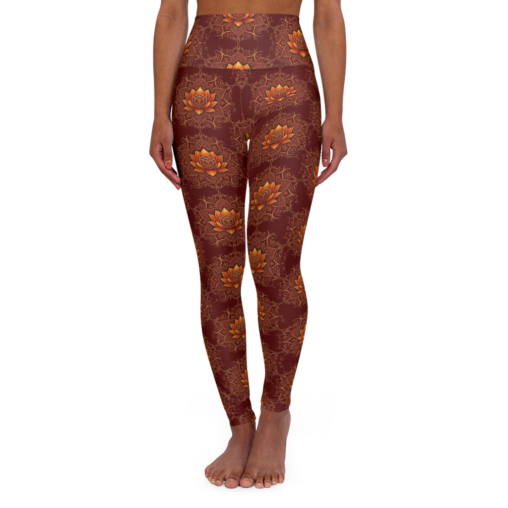 Golden Lotus Pattern High Waisted Leggings | Brown Floral Yoga Leggings