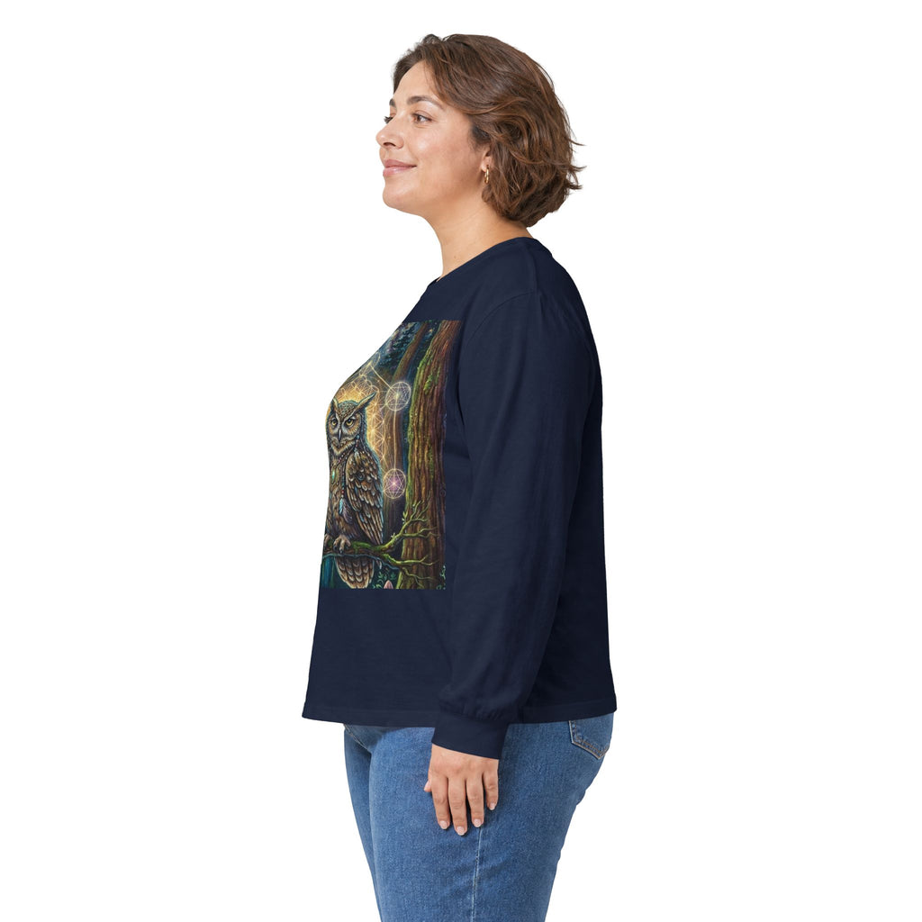 Mystic Owl in Forest Long Sleeve Tee | Moonlight, Geometric Magic