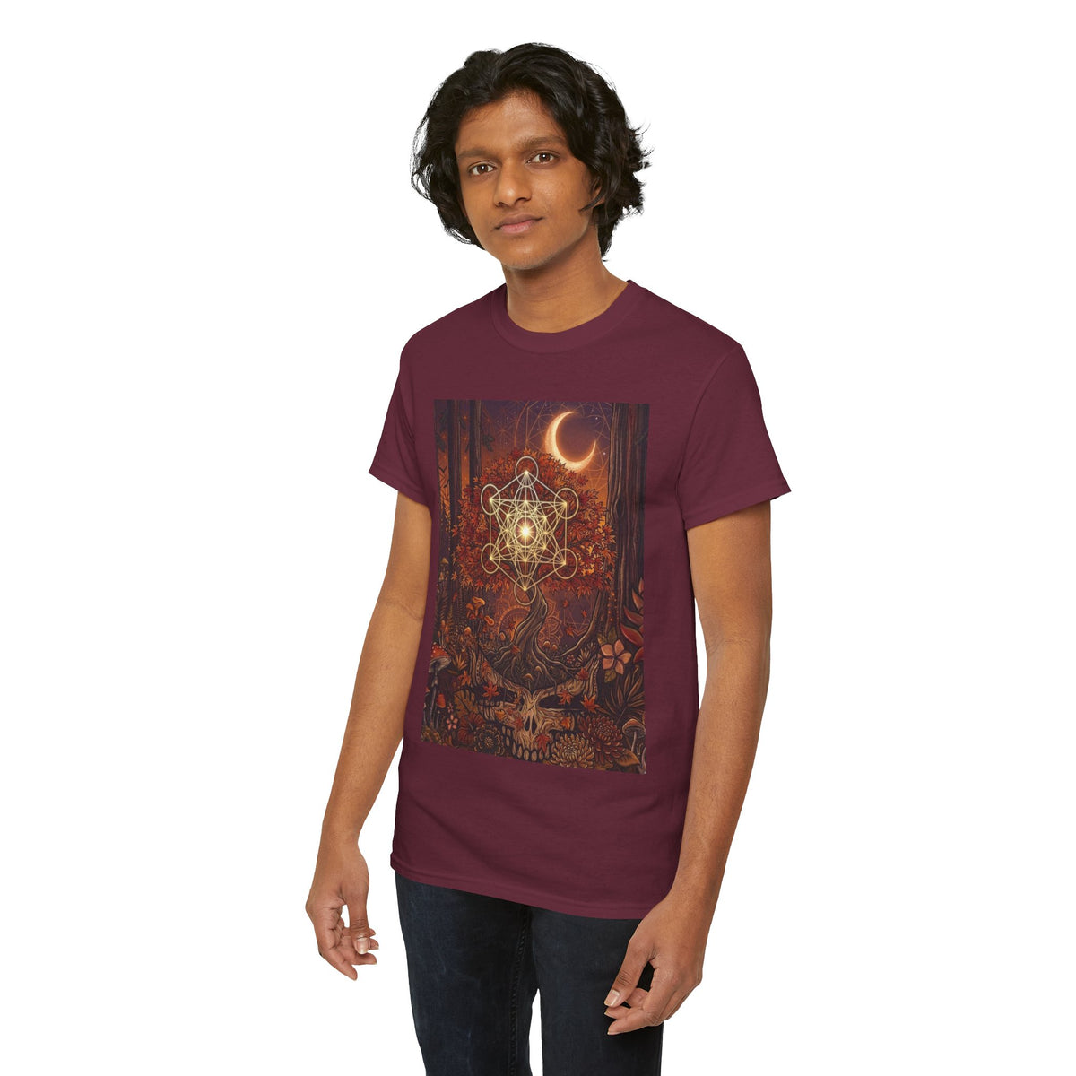 Metatron's Cube Crescent Moon T-Shirt | Mystic Forest Skull Design, Deadhead gift