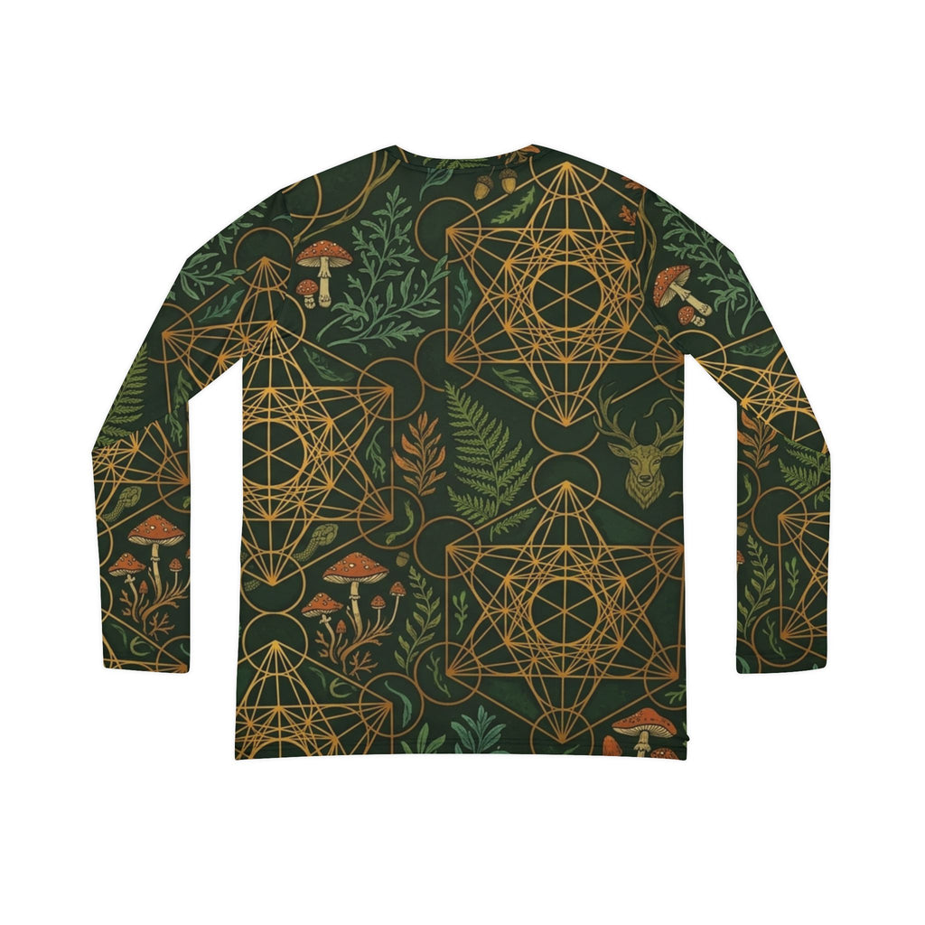 Botanical Geometric Pattern V-neck Long Sleeve Shirt | Mushrooms, Ferns
