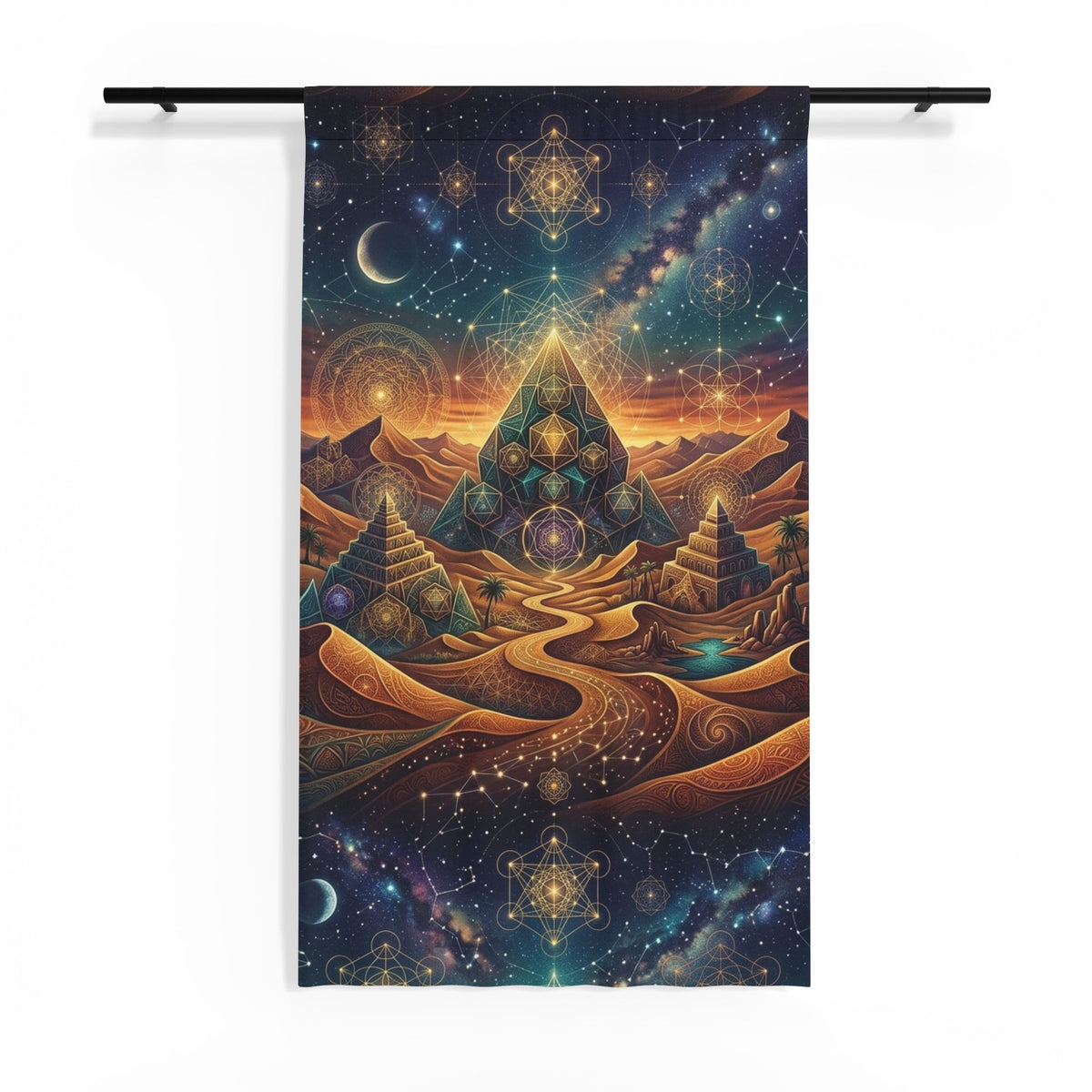 Mystic Pyramid Desert Night Sheer Window Curtain | Cosmic Stars, Crescent Moon