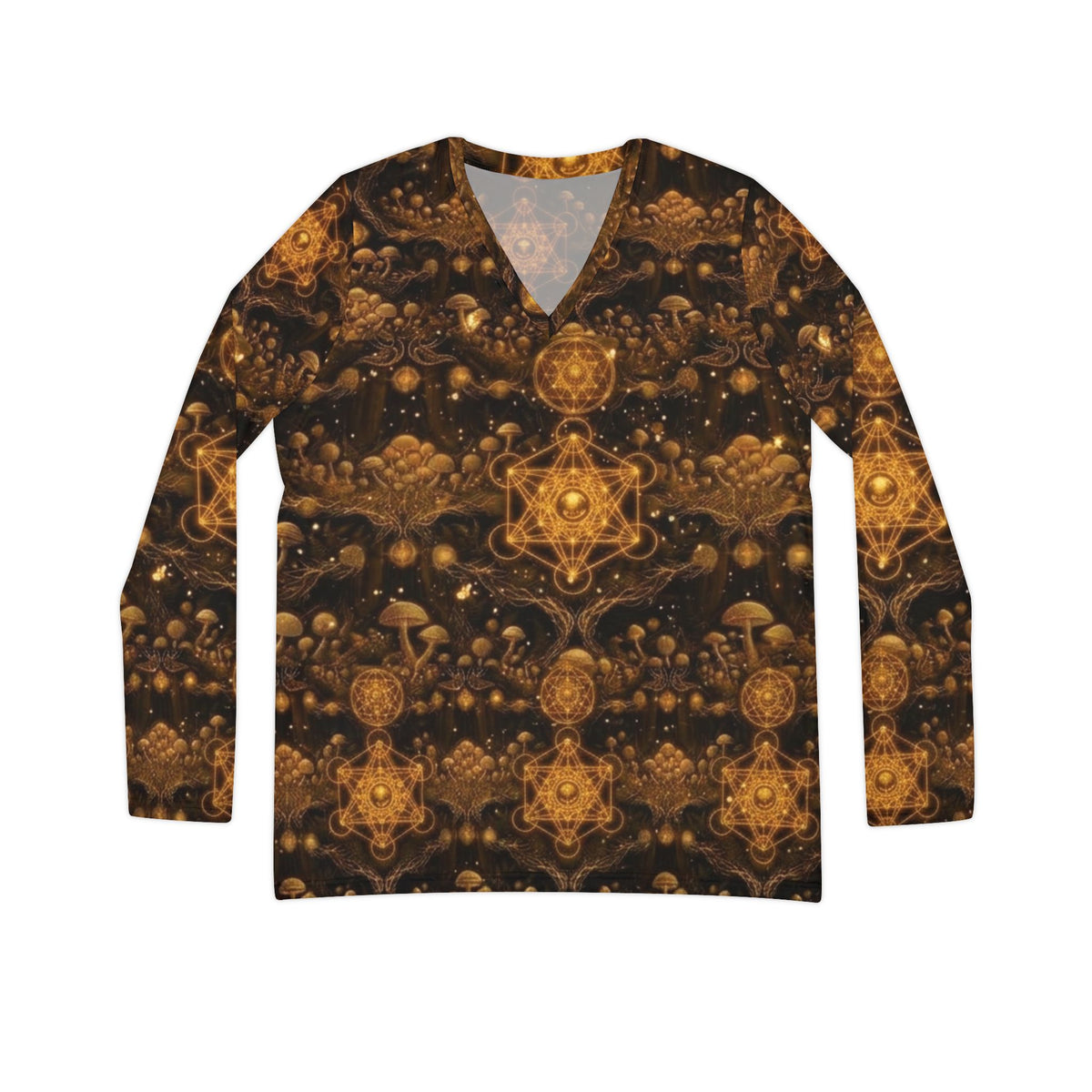 Golden Kaleidoscope Pattern Women's Long Sleeve V-neck Shirt | All-over Print, Burner Gear