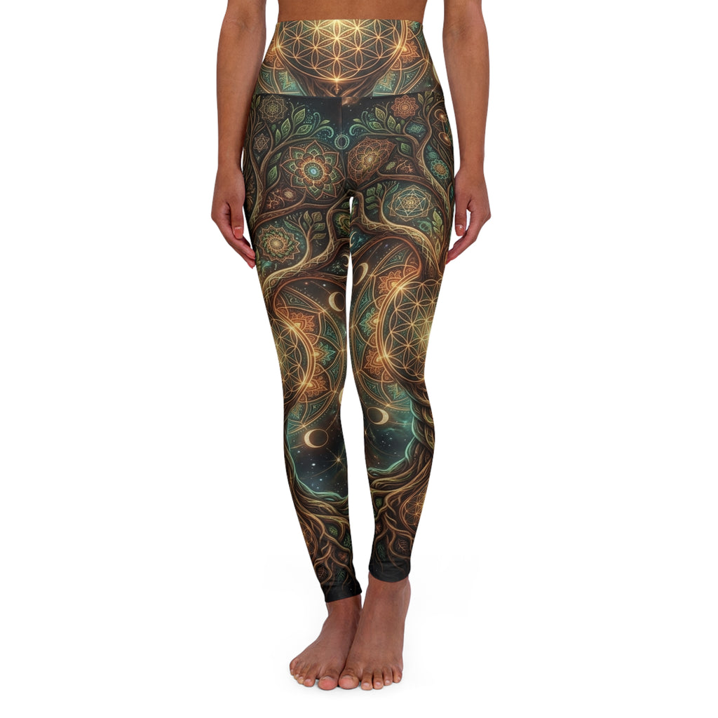 Sacred Geometry Leggings Celestial Mandala Pattern, Trippy Earthy Organic Line Work Boho Festival Apparel Pants