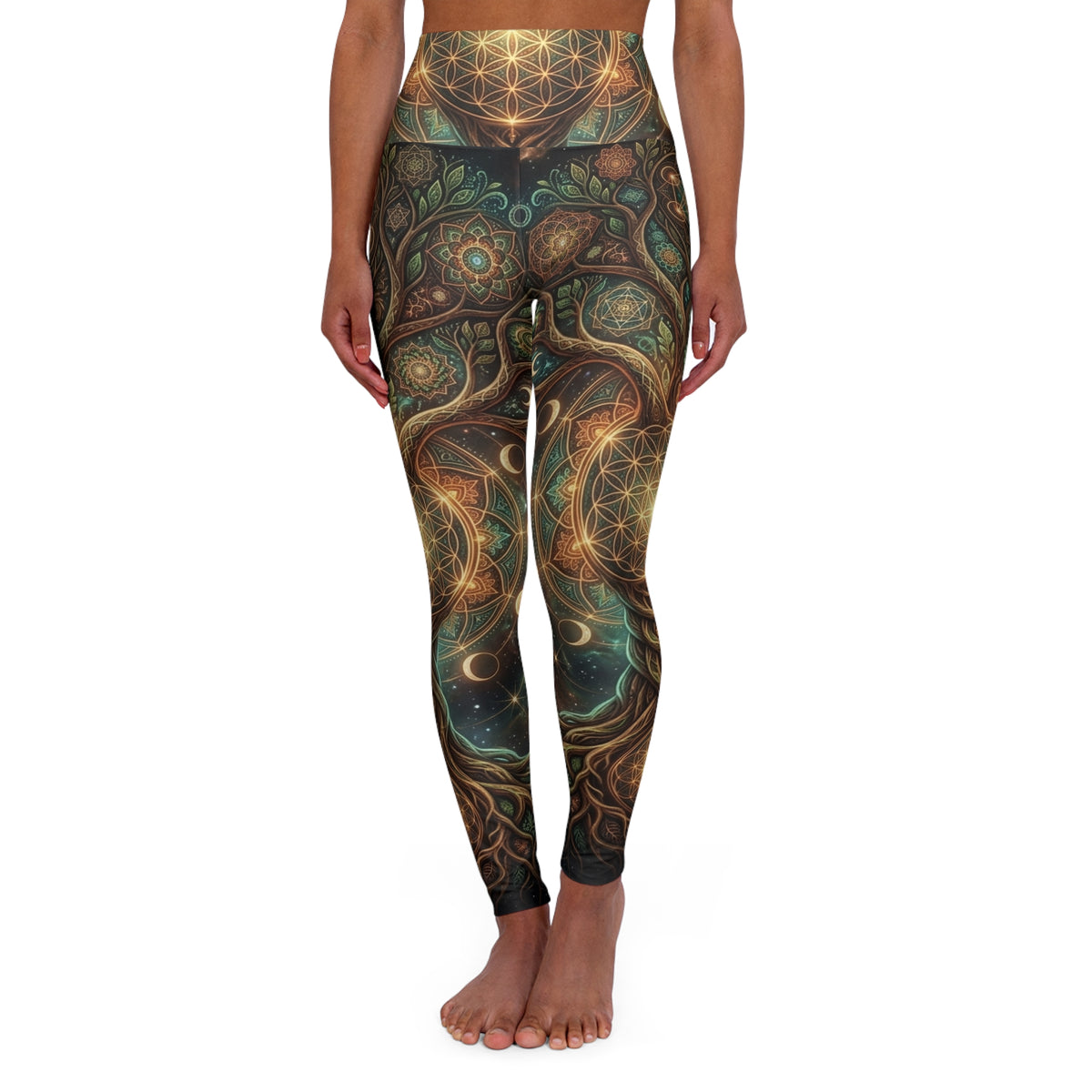 Sacred Geometry Leggings Celestial Mandala Pattern, Trippy Earthy Organic Line Work Boho Festival Apparel Pants