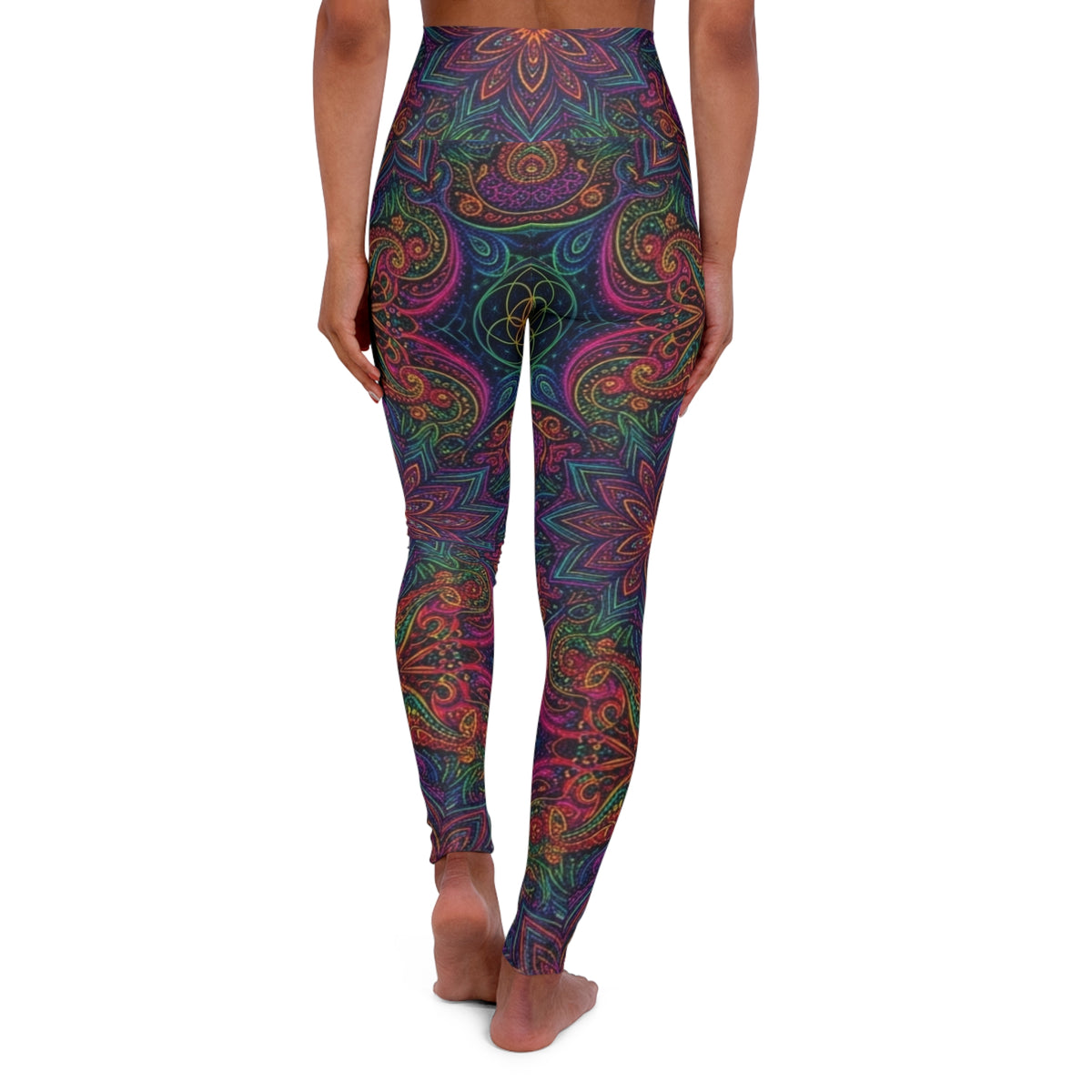 Psychedelic Mandala Leggings | High Waisted  Floral Swirl Print, Trippy Neon Fractal Pants Bohemian Festival Rave Wear