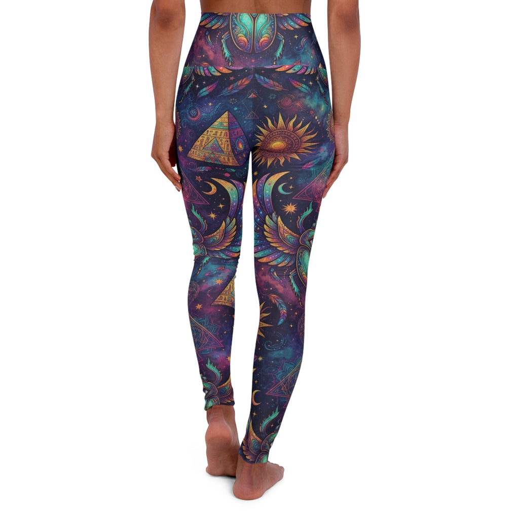High Waisted Celestial Pyramid Sun & Moon Leggings | Psychedelic Sacred Geometry Scarab Pants, Earth Tone Festival Apparel