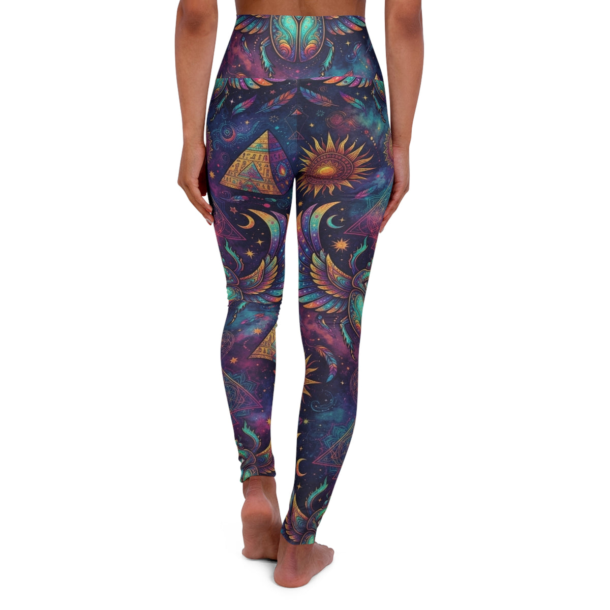 High Waisted Celestial Pyramid Sun & Moon Leggings | Psychedelic Sacred Geometry Scarab Pants, Earth Tone Festival Apparel