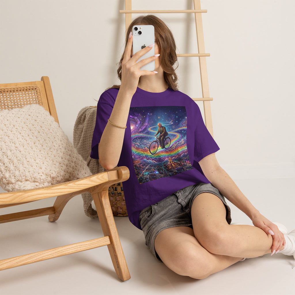 Albert Hoffman Riding Bicycle Through Rainbow Galaxy T-Shirt | Surreal Cosmic Art, Deadhead Gift