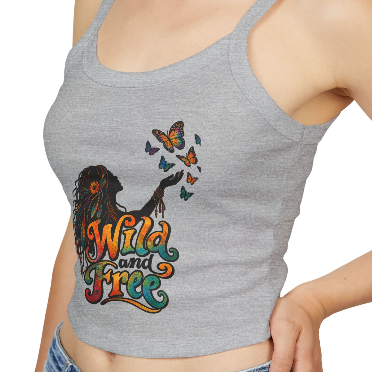 Wild Free silhouette with butterflies Spaghetti Strap Tank