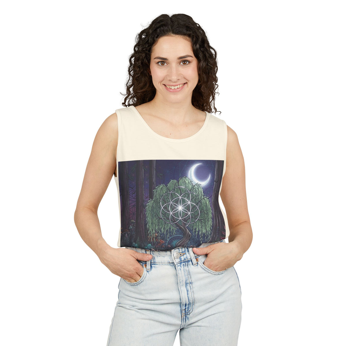 Mystical Moonlit Forest Tree Tank Top | Crescent Moon, Geometric Flower of Life