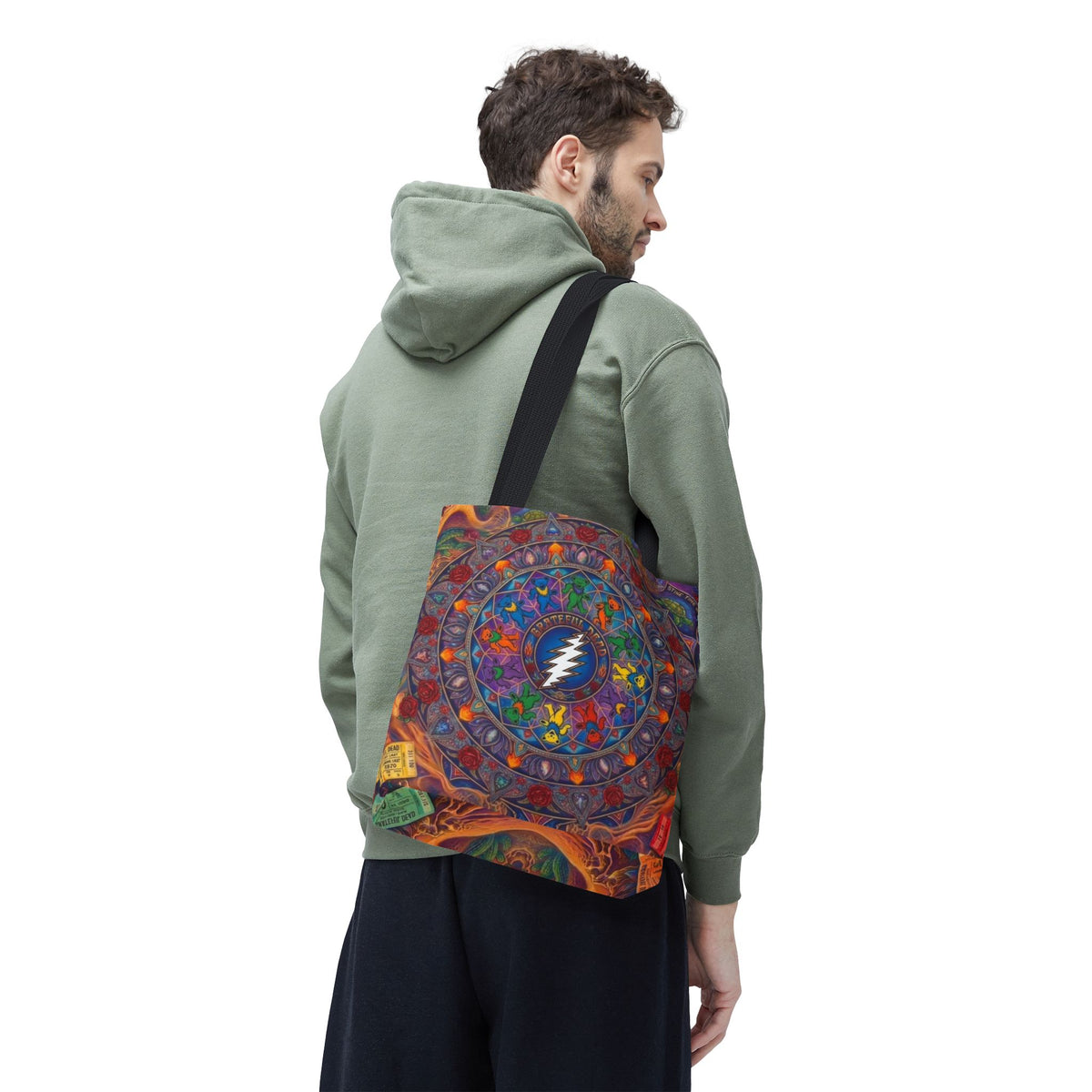 Psychedelic Mandala with Lightning Skull Tote Bag | Colorful Grateful Dead Art