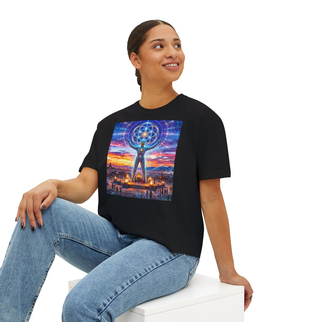 Sacred Geometry Stargazer Tee | Spiritual Mandala Figure, Cosmic Sunset