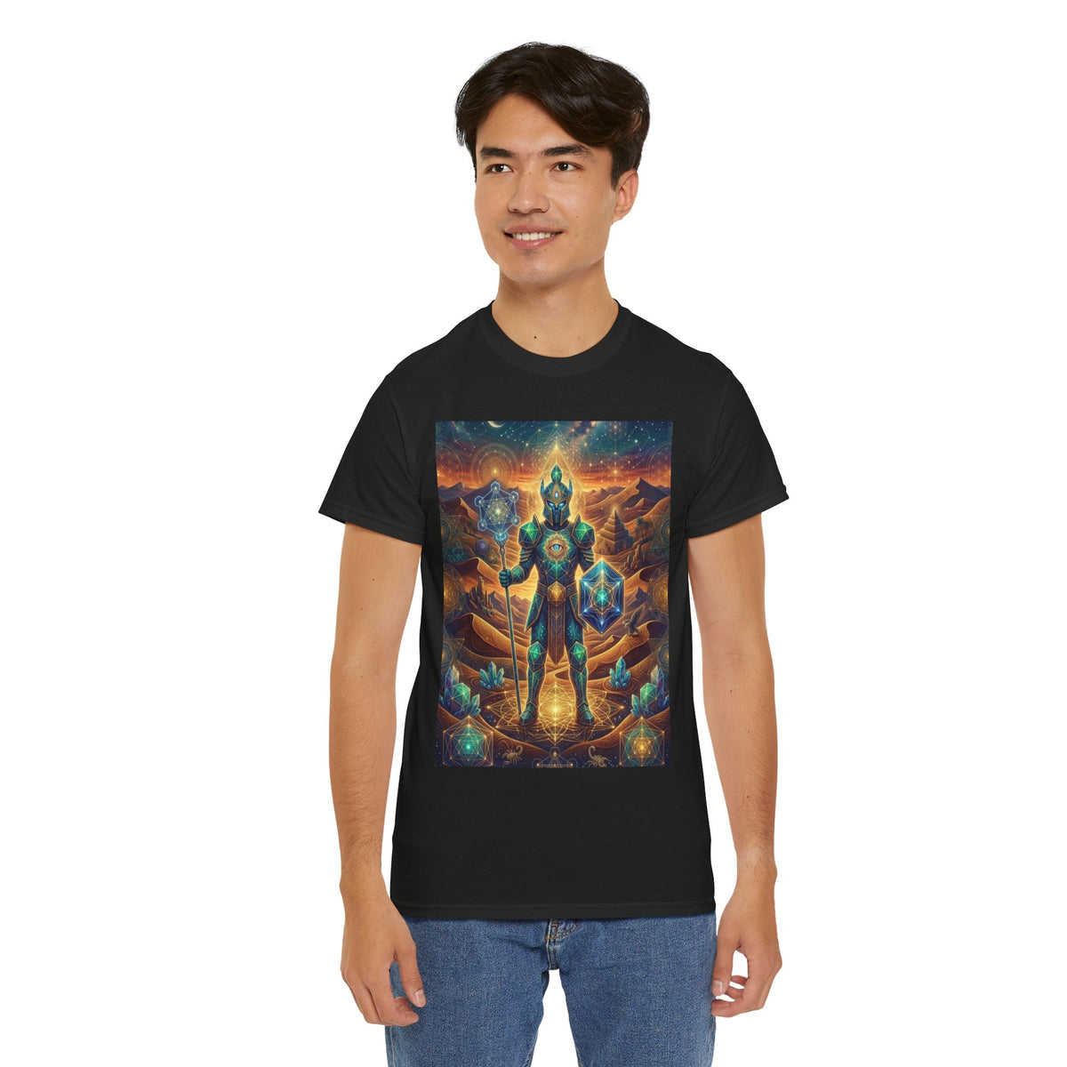 Cosmic Guardian Warrior T-Shirt | Mystic Geometric Armor, Starglow Artwork