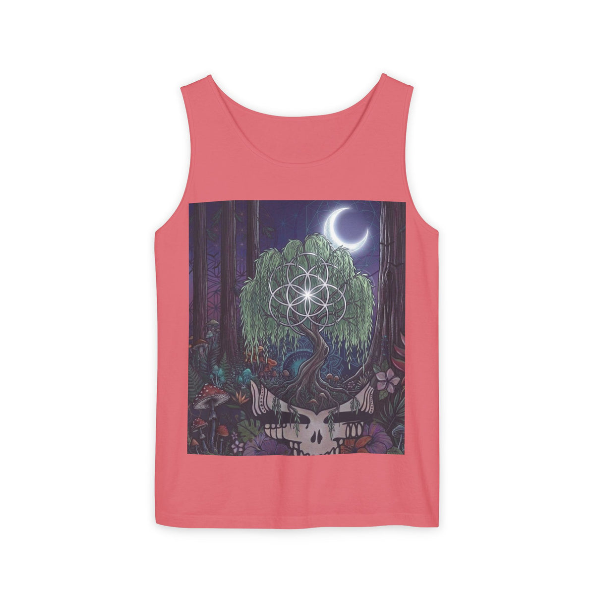 Mystical Moonlit Forest Tree Tank Top | Crescent Moon, Geometric Flower of Life