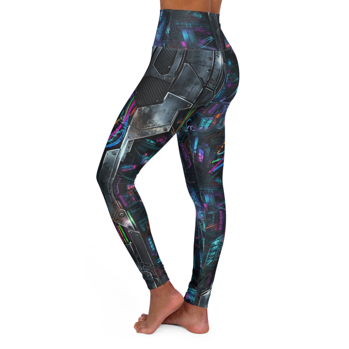Neon Cyberpunk Circuit Leggings High Waisted Yoga Leggings | Futuristic City Print