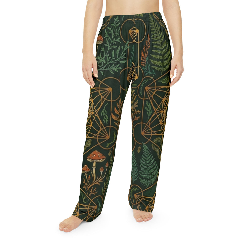 Unisex Mushrooms Geometric Pattern Pajama Pants - High-Definition Sacred Geometry Sleep Trousers, Boho Hippie Chic Comfort