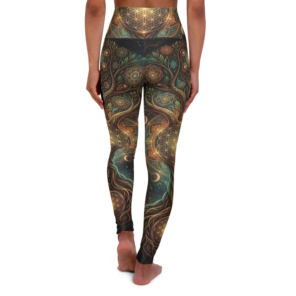 Sacred Geometry Leggings Celestial Mandala Pattern, Trippy Earthy Organic Line Work Boho Festival Apparel Pants