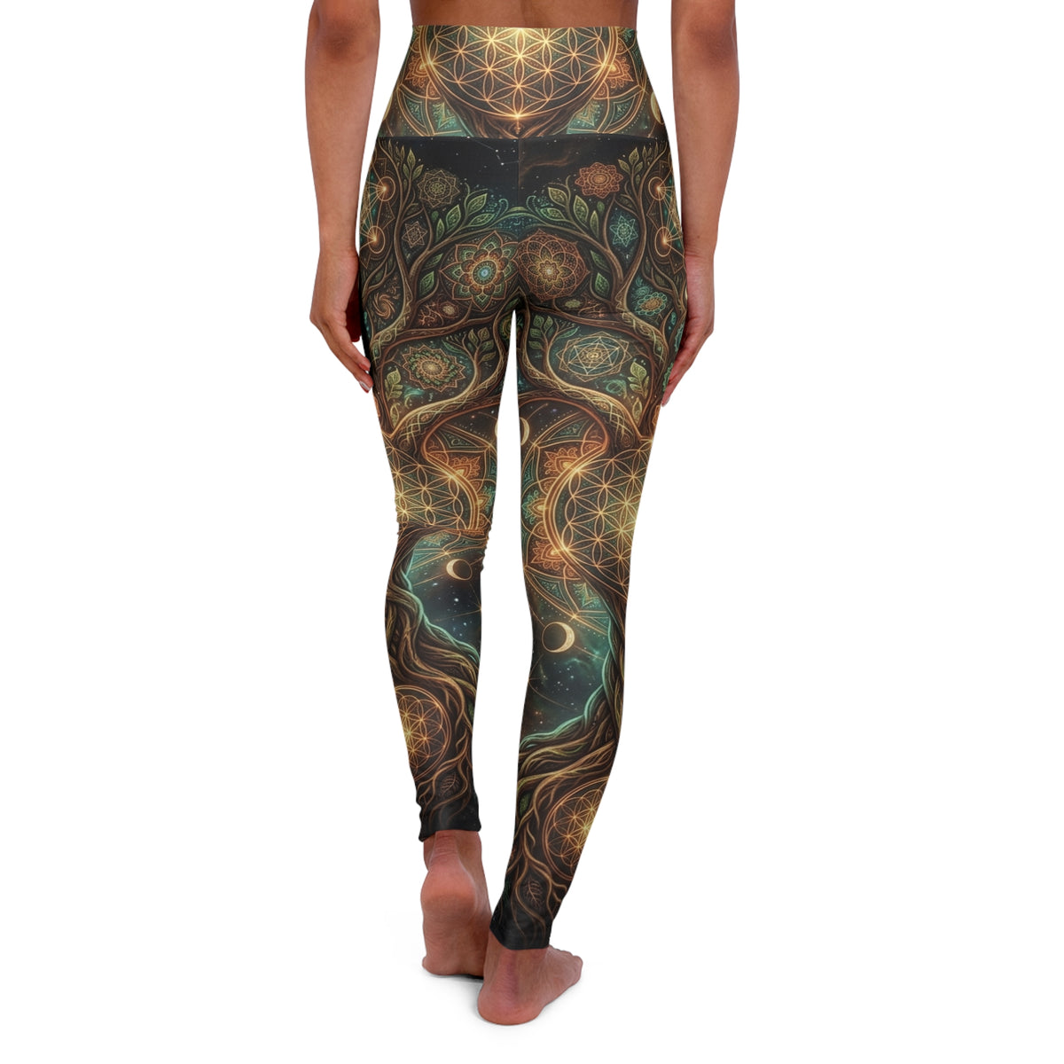 Sacred Geometry Leggings Celestial Mandala Pattern, Trippy Earthy Organic Line Work Boho Festival Apparel Pants