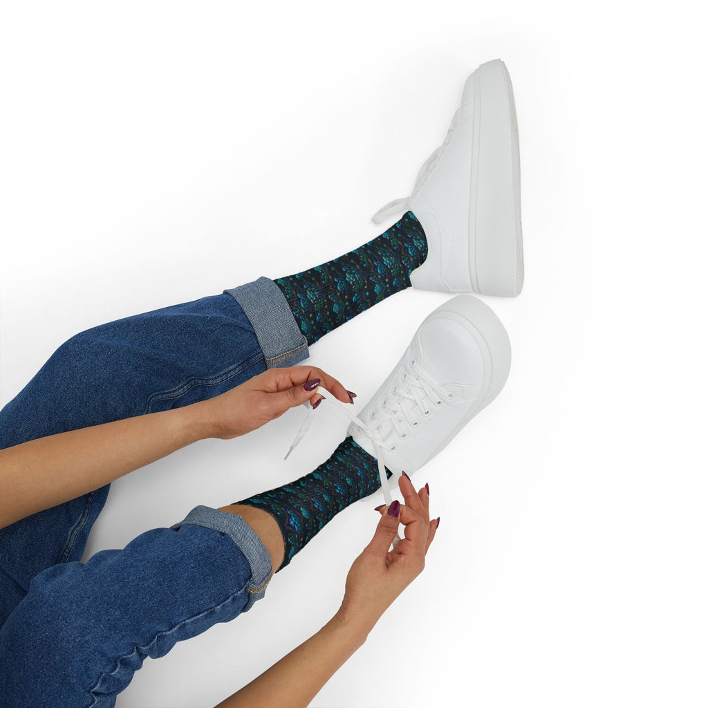 Teal Mushroom Socks Pattern Socks | Sublimation Crew Socks, Boho, Sacred Geometry