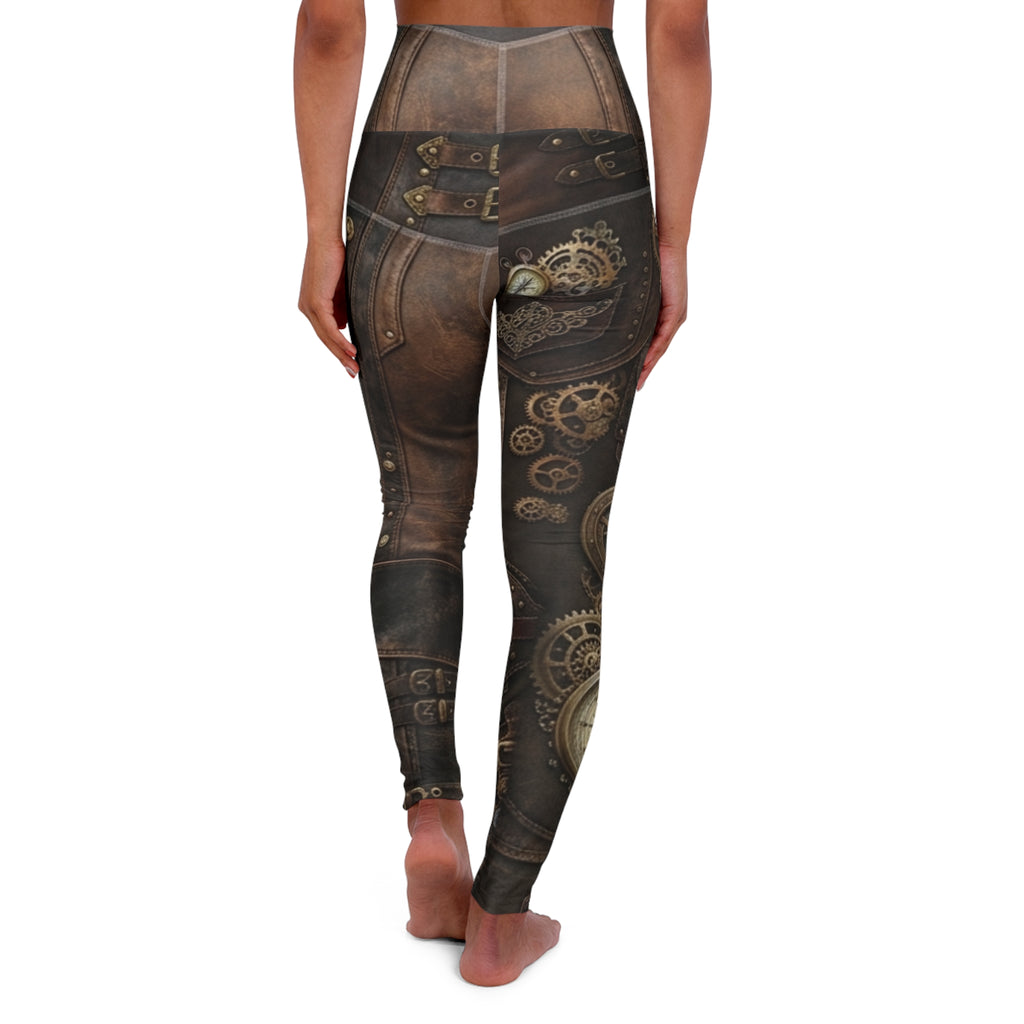 Steampunk Gears Pattern High Waisted Yoga Leggings | Vintage Mechanical Print