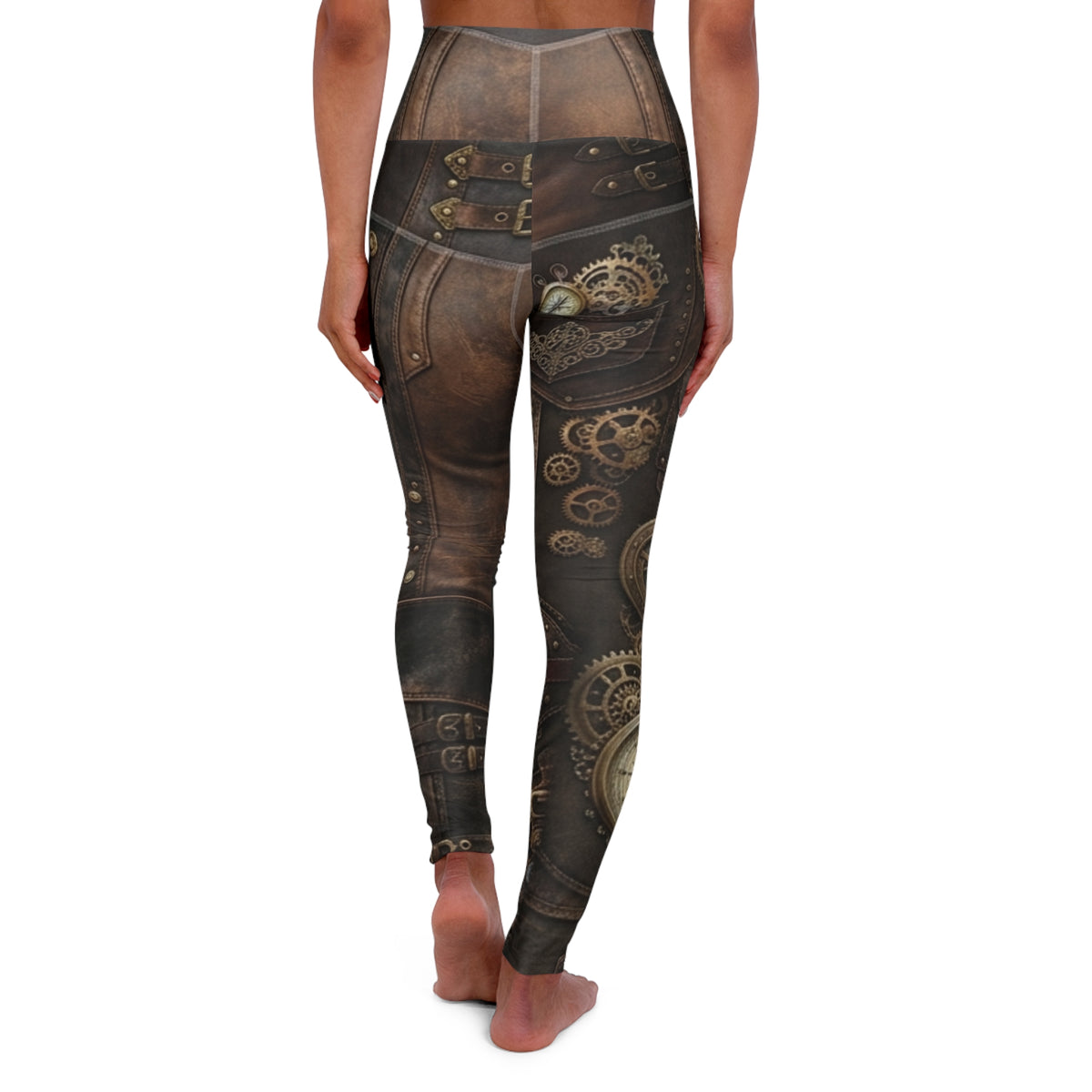 Steampunk Gears Pattern High Waisted Yoga Leggings | Vintage Mechanical Print