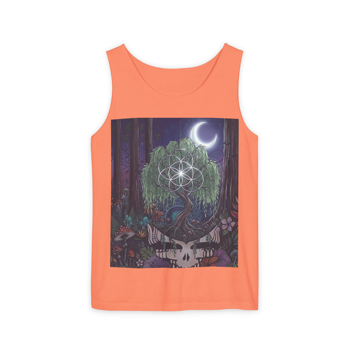 Mystical Moonlit Forest Tree Tank Top | Crescent Moon, Geometric Flower of Life