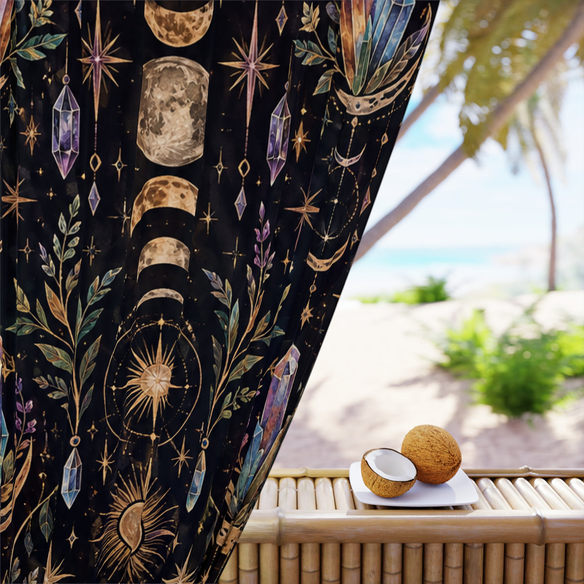 Celestial Moon Phases Curtains | Crystal Boho Window Curtain