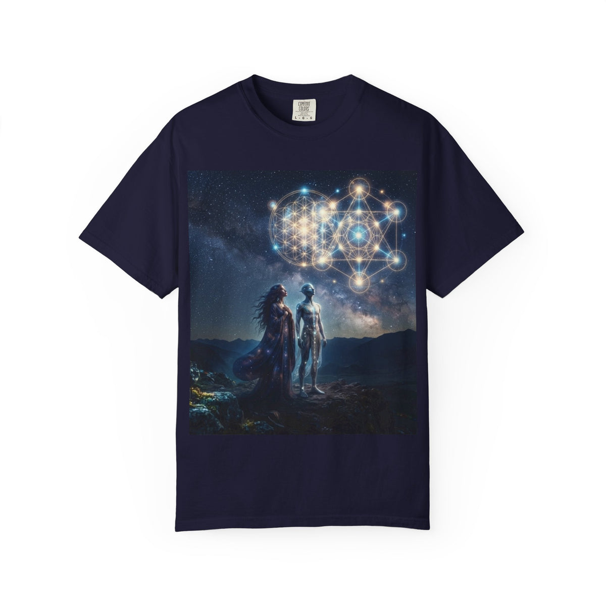 Sacred Geometry Starfolk T-shirt | Astral Couple, Metatron Cube Cosmic Design