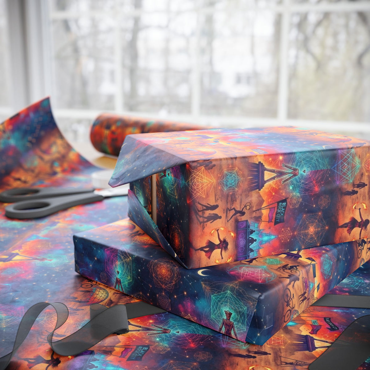 Mystical playa  Pattern Wrapping Paper | Celestial Feathers, Boho Gift Wrap