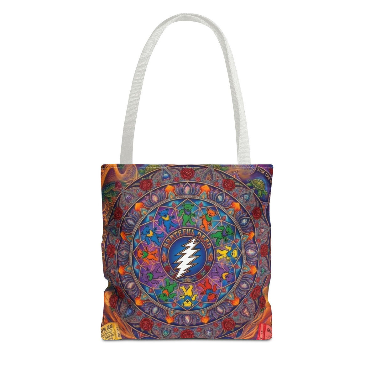 Psychedelic Mandala with Lightning Skull Tote Bag | Colorful Grateful Dead Art