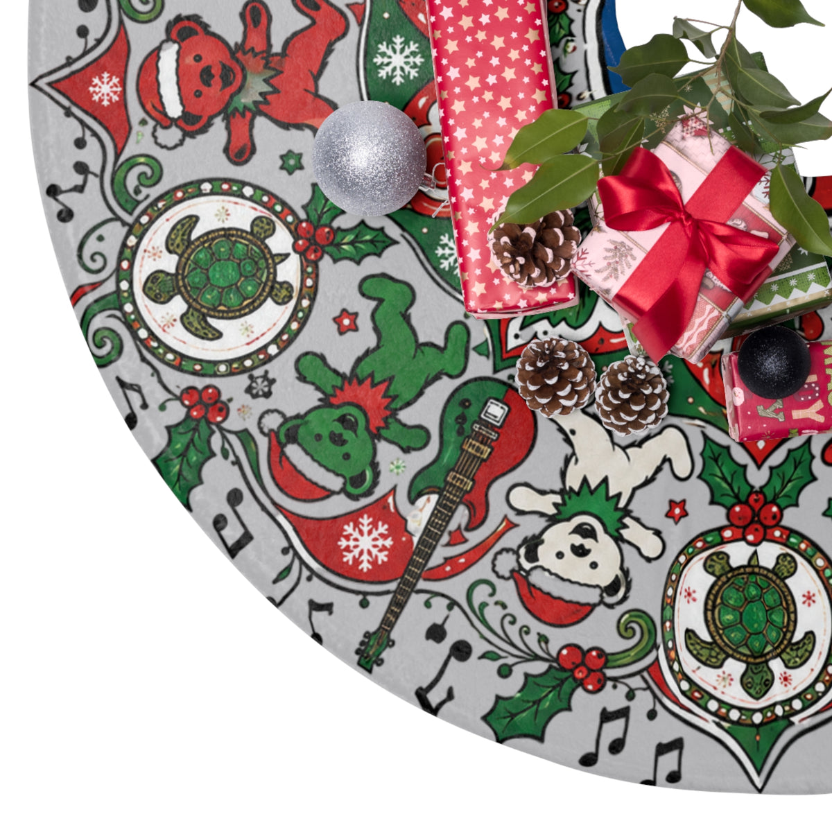 Dancing Bears Mandala Christmas Tree Skirt, Musical Holiday Tree Skirt, Grateful Dead inspired, gift for deadheads