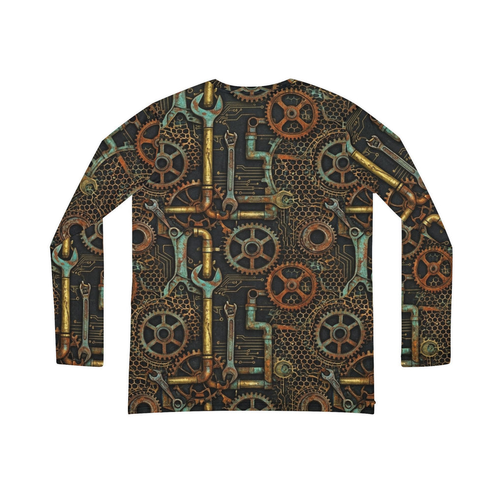 Steampunk Gears and Pipes Long Sleeve V-Neck Shirt | Industrial Mechanical Pattern
