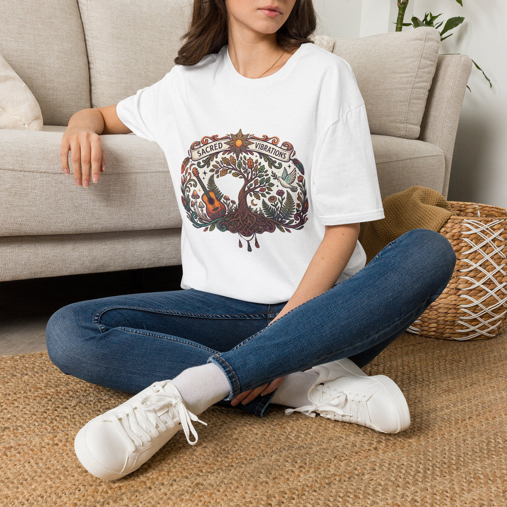 Sacred Vibration peacock and guitar T-Shirt | floral folk art design