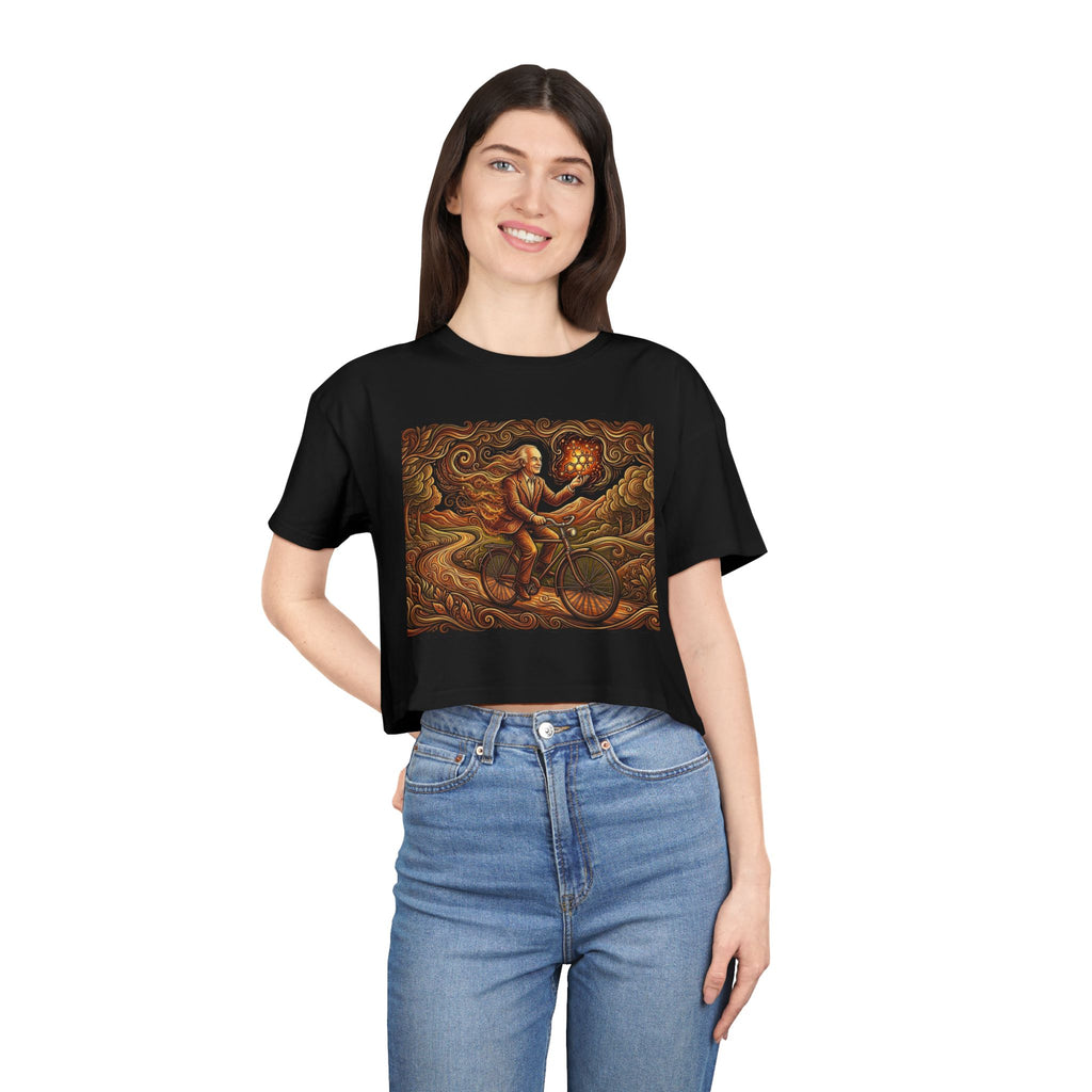 Albert Hoffman Bicycle Rider with Glowing Heart Crop Tee | Fantasy Art