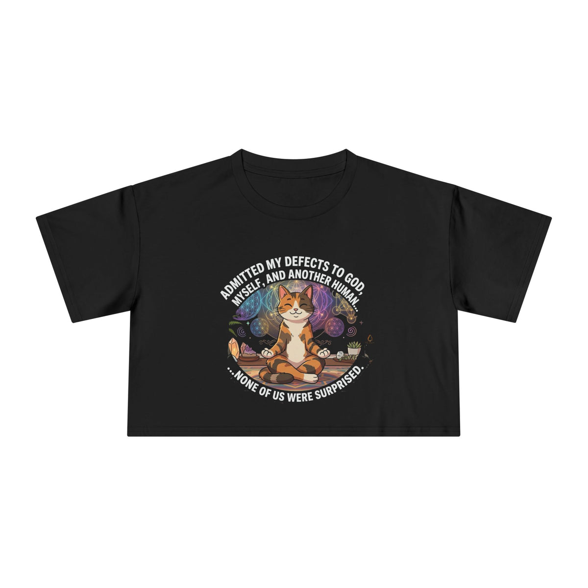 Meditating Cat Crystal Crop Top Spiritual Astrology Shirt Funny NA Recovery Quote Yoga Boho Tee