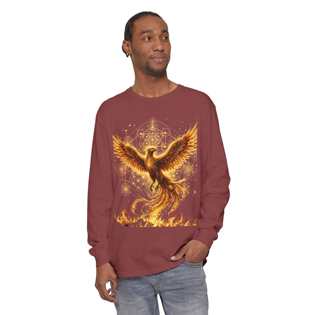 Fiery Phoenix Rising Long Sleeve | Golden Flame Bird Illustration