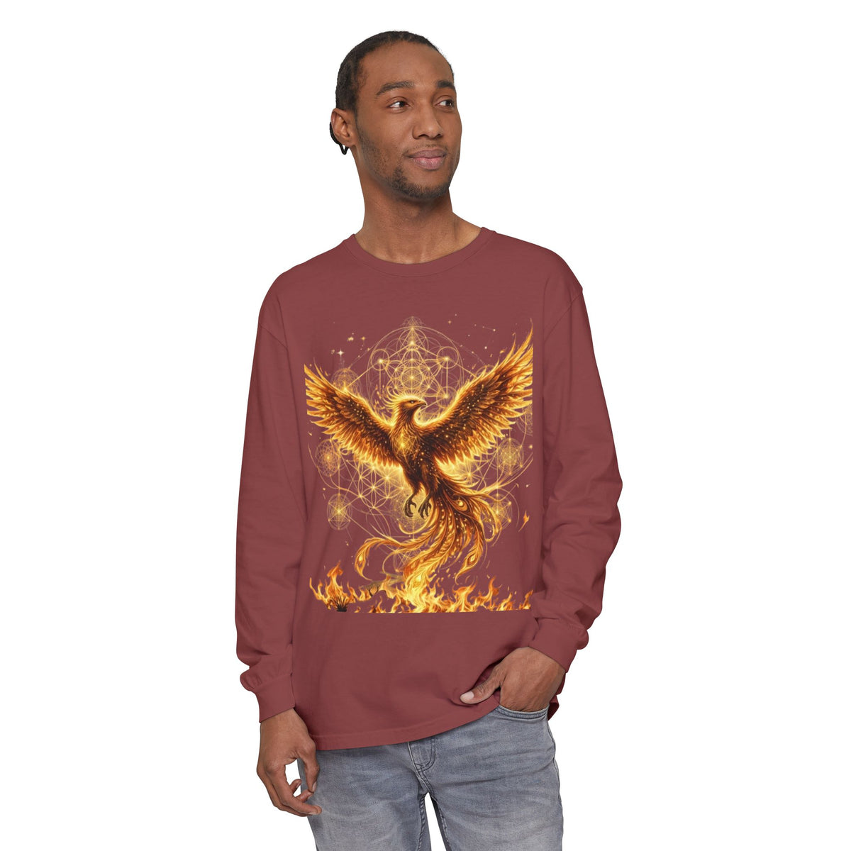 Fiery Phoenix Rising Long Sleeve | Golden Flame Bird Illustration