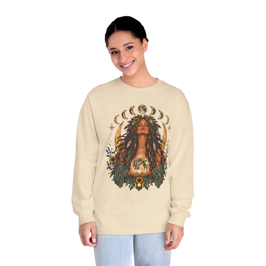 Goddess Moon Phases Mystic Illustration Long Sleeve Tee | Celestial Floral