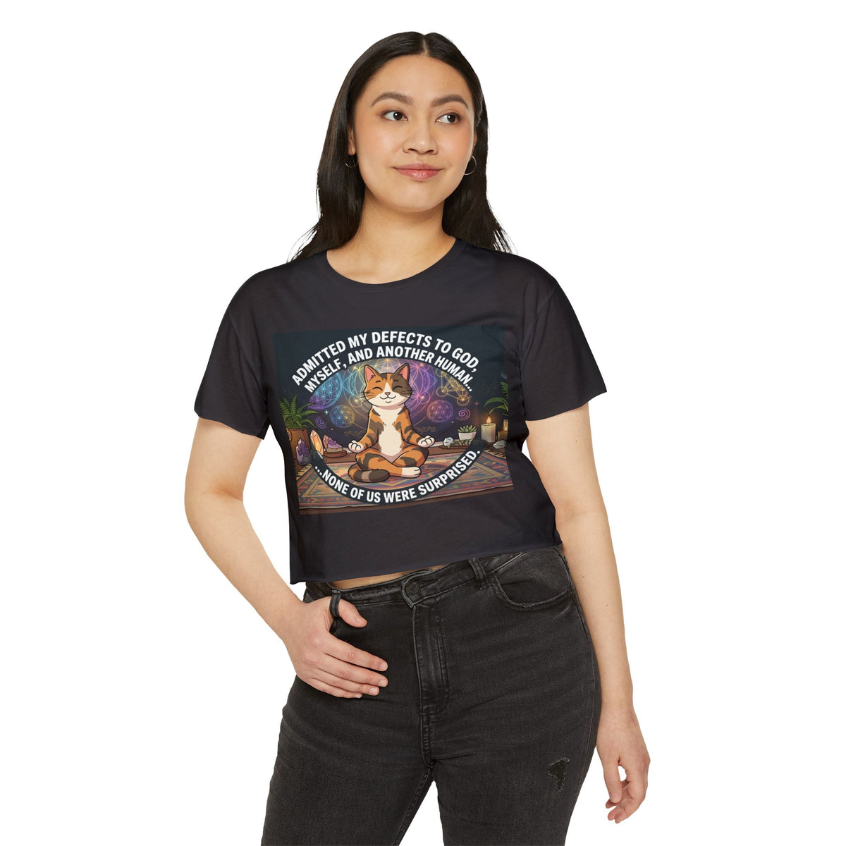 Spiritual Cat Meditating Crop Top Boho Festival Yoga Tee Funny NA Recovery Quote Sacred Geometry Graphic Shirt