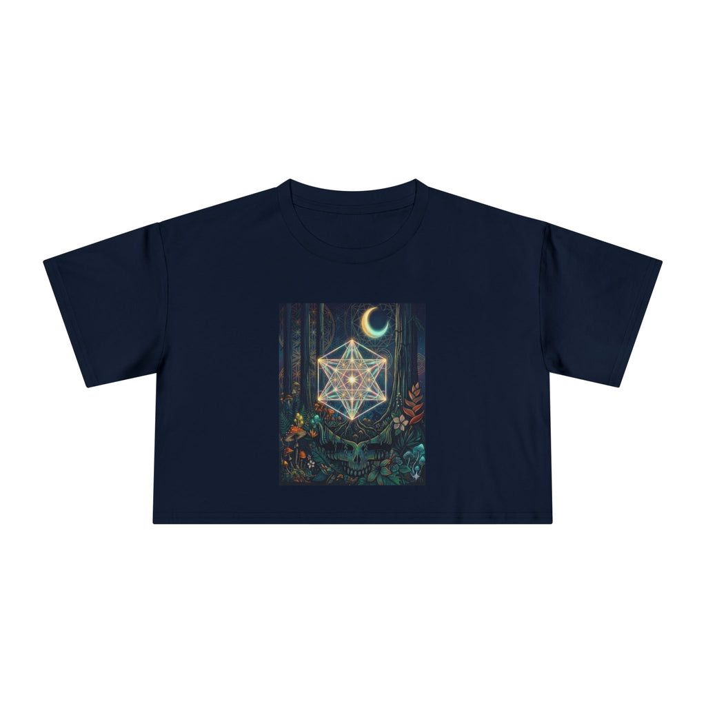 Celestial Geometric Star with Crescent Moon Crop Tee | Mystic Forest Night