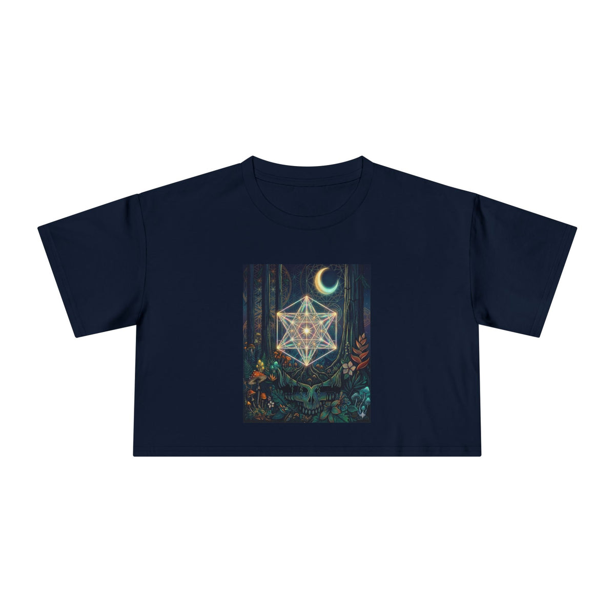 Celestial Geometric Star with Crescent Moon Crop Tee | Mystic Forest Night
