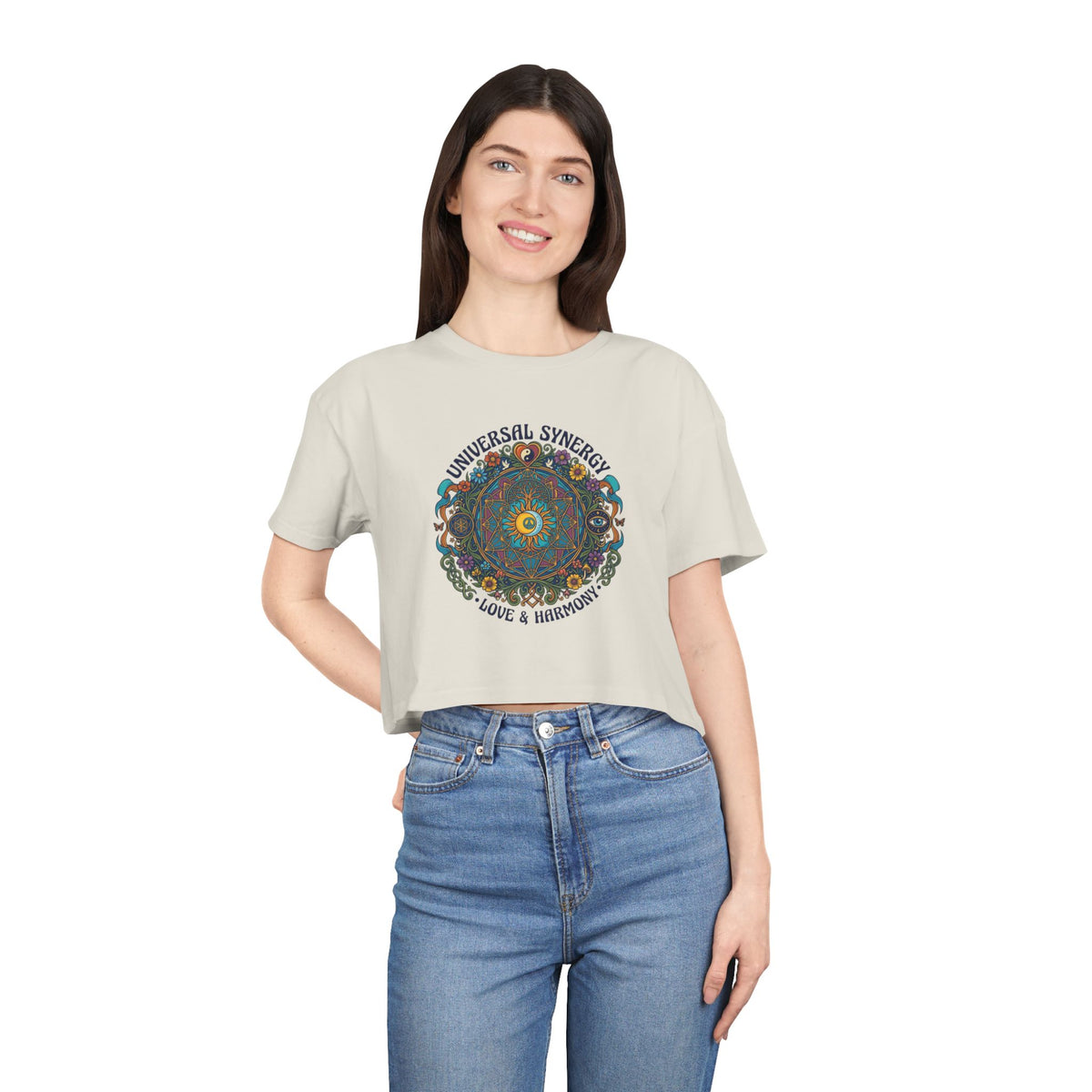 Universal Synergy Mandala Women's Crop Tee | Love & Harmony Boho Graphic
