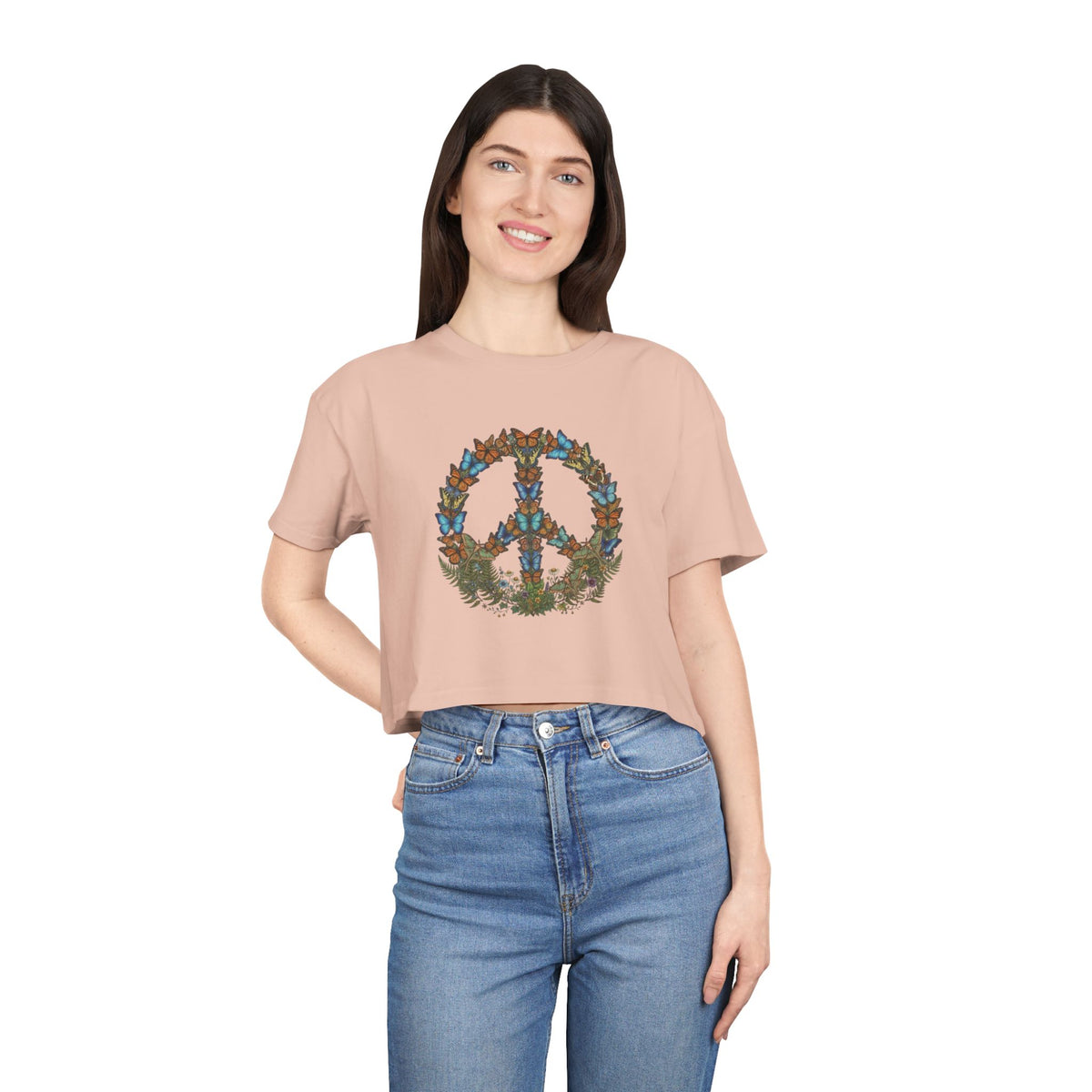 Floral Butterfly Peace Sign Crop Tee | Boho Nature Hippie Shirt