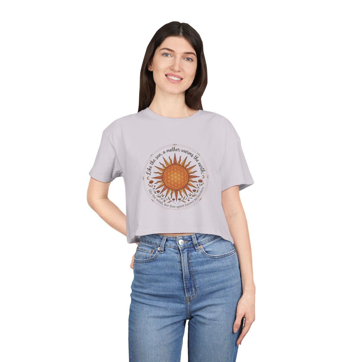 Boho Sun Illustration Crop Tee | Radiant Sunflower Graphic Top