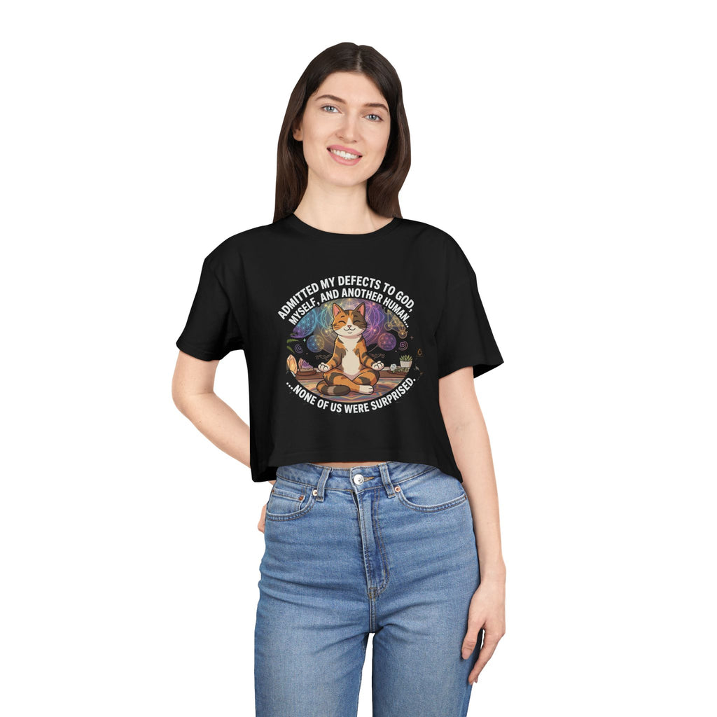 Meditating Cat Crystal Crop Top Spiritual Astrology Shirt Funny NA Recovery Quote Yoga Boho Tee